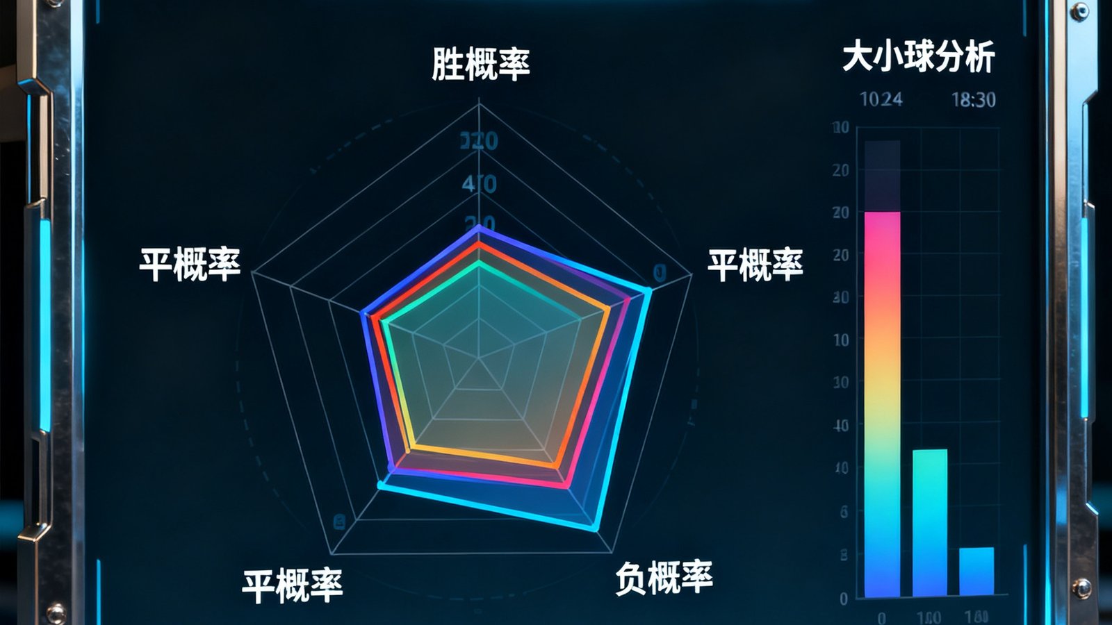看球直播AI预测模型的数据可视化仪表盘，以雷达图和概率分布图展示各场比赛的胜负预测，界面设计科技感强，数据维度包括胜平负概率和大小球分析。